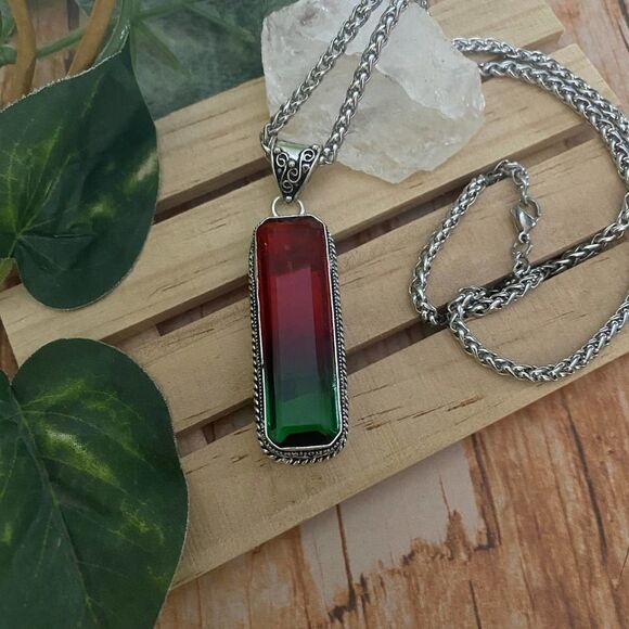 Bi-Color Tourmaline Red Green Sterling Silver Pendant Necklace - Picture 3 of 5